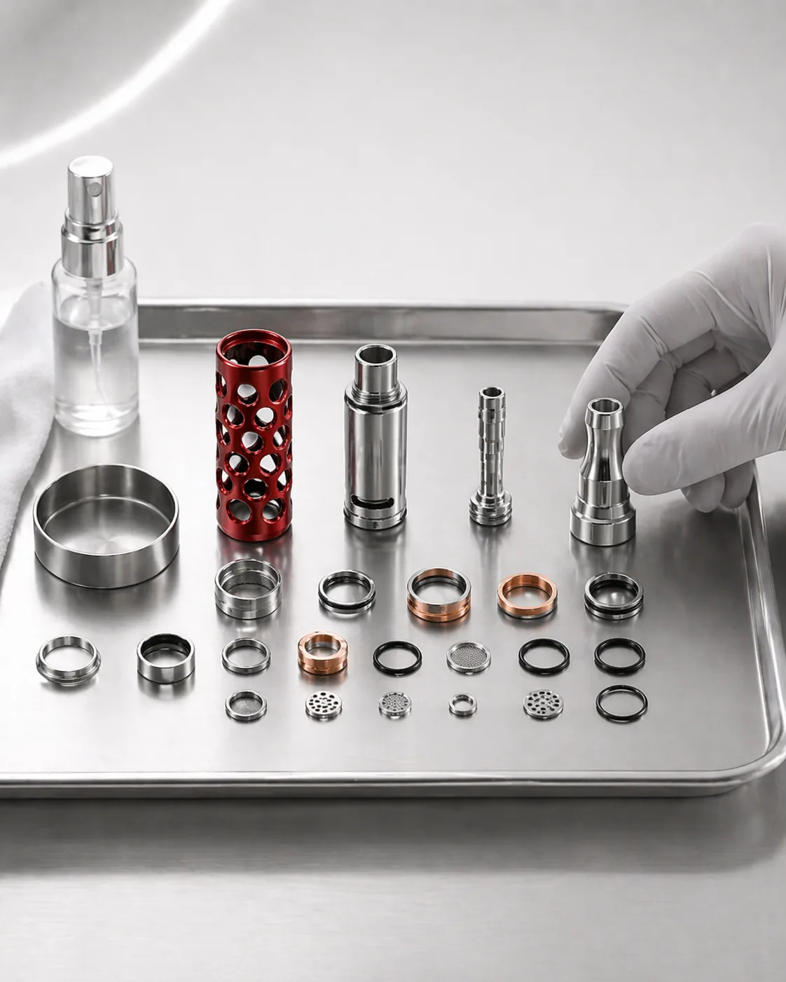 Demontiertes Gerät zur Reinigung auf Edelstahl-Tablett